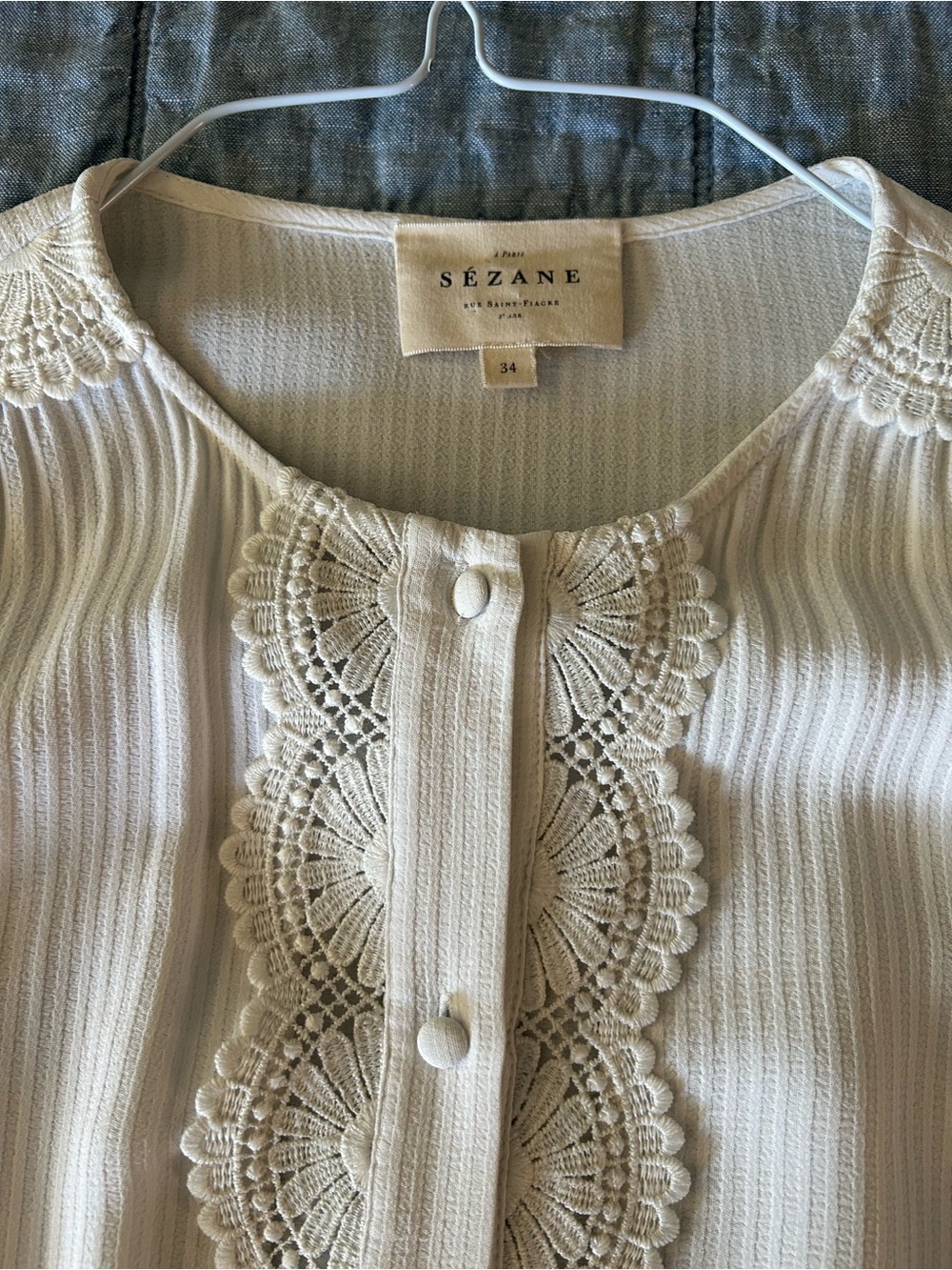 Sezane White Lace-Trim Pleated Button-Down Blouse - Picture 5 of 5
